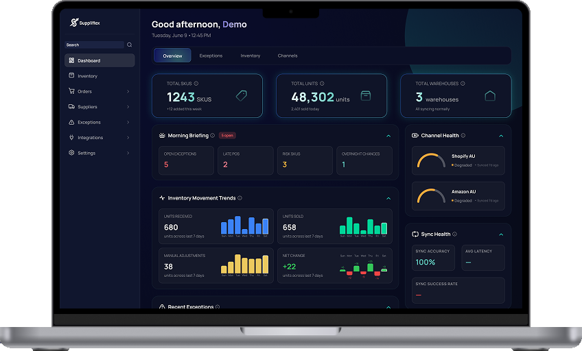 Suppliflex inventory operations dashboard showing SKU metrics, channel health, and stock exceptions