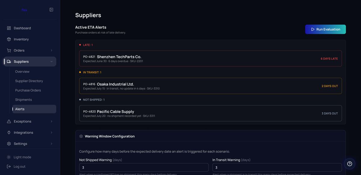 Active ETA alerts grouped by Late, In Transit, and Not Shipped with warning window configuration