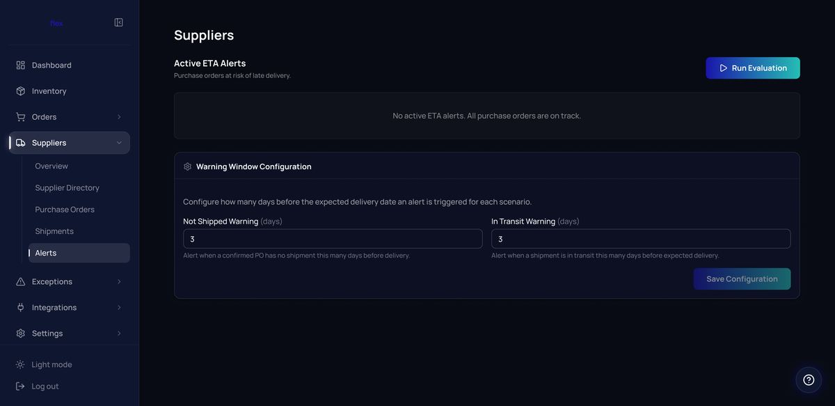 ETA alerts empty state confirming all purchase orders are on track, with warning window configuration