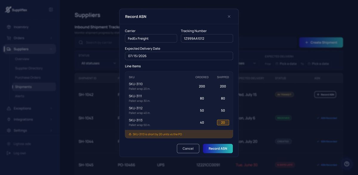 Record ASN modal showing ordered versus shipped quantities with an inline shortage warning